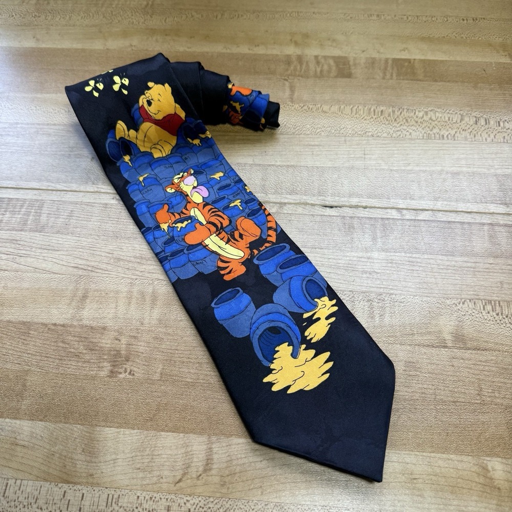 Vintage Disney Mens Black Neck Tie Winnie The Pooh & Tigger Honey Pots